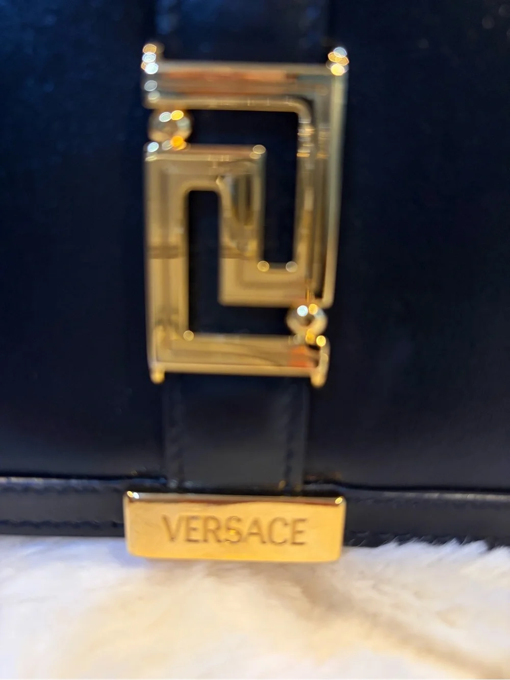 Versace Greca Goddess Black Leather Clutch with Gold Greek-Key Accent
